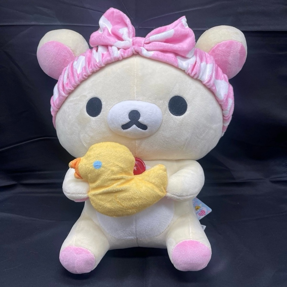 Cute Bear Plush with Pink Bow and Yellow Duck